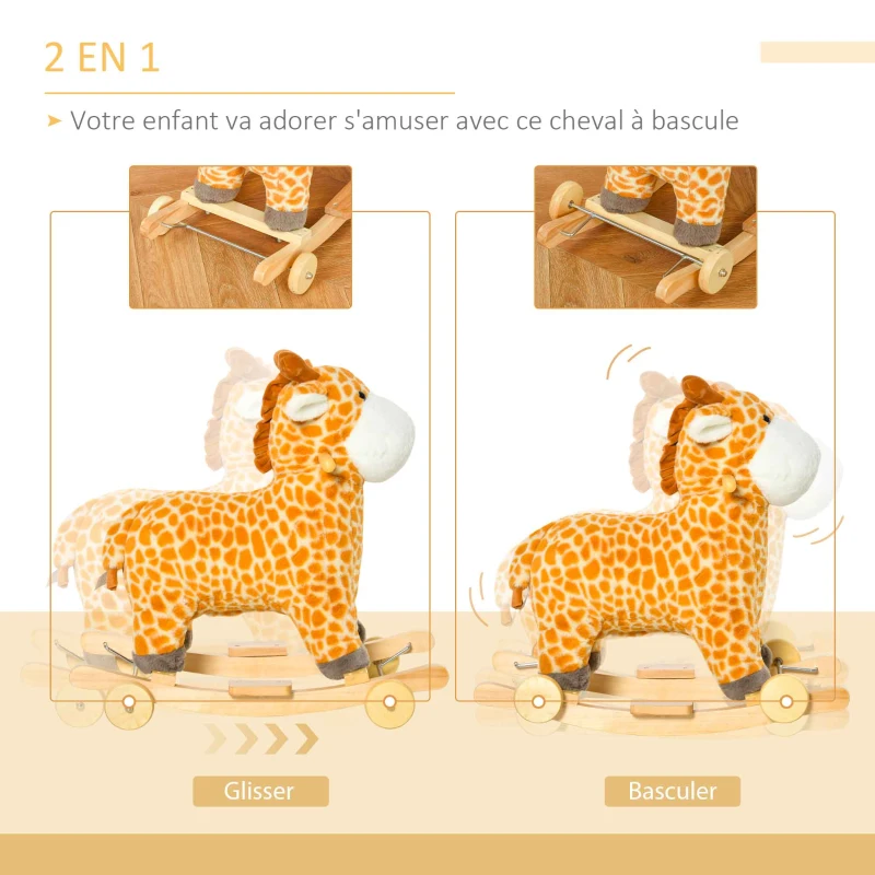 HOMCOM Jouet à Bascule Girafe et Porteur sur roulettes 2 en 1 Fonction sonore mugissement Bois peuplier Peluche Courte Polyester tacheté