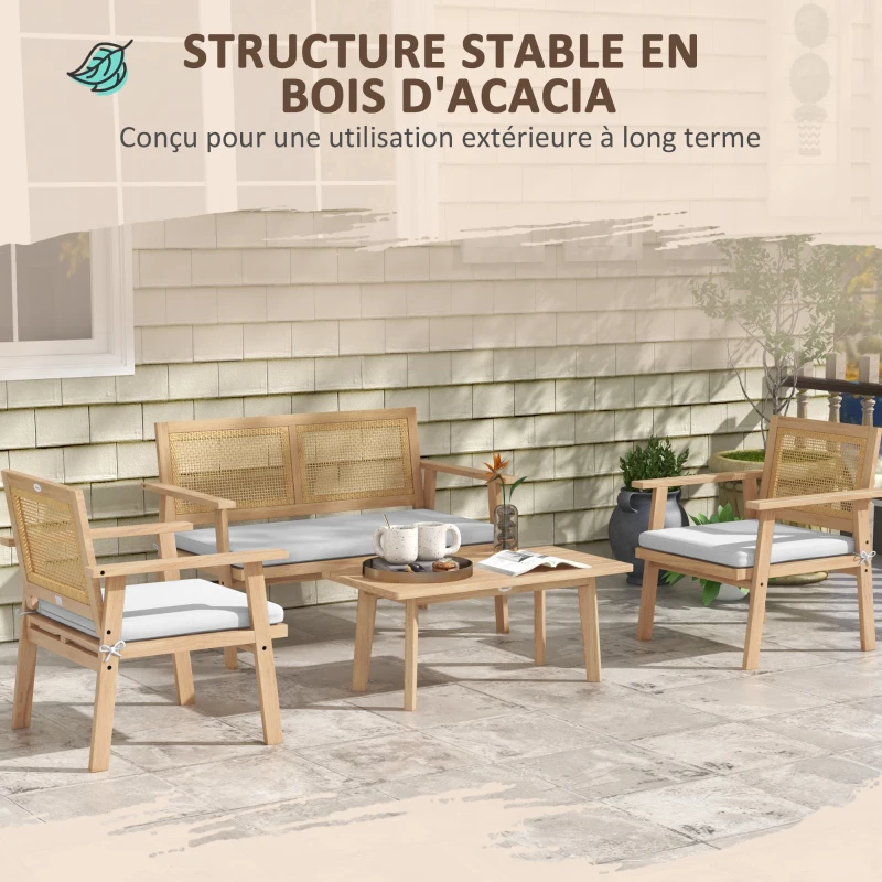 Outsunny Ensemble salon de jardin 4 pièces 4 personnes avec canapé 2 places, 2 fauteuils 1 table basse coussins, bois d'acacia