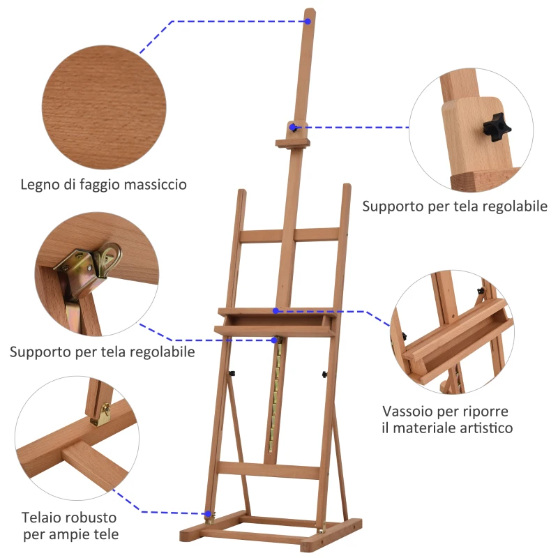 HOMCOM Cavalletto da Pittore Regolabile in Legno di Faggio con Vano Contenitore, 53x50.5x171-230cm