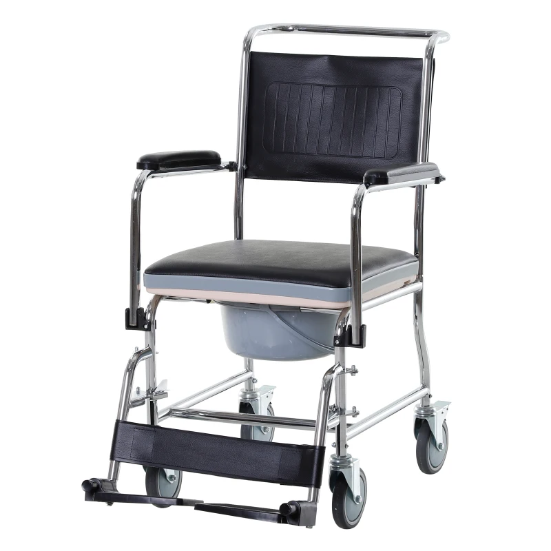 HOMCOM Chaise percée à roulettes - fauteuil roulant percé - coussin amovible, accoudoirs rembourrés,  repose-pied rabattable métal revêtement synthétique noir