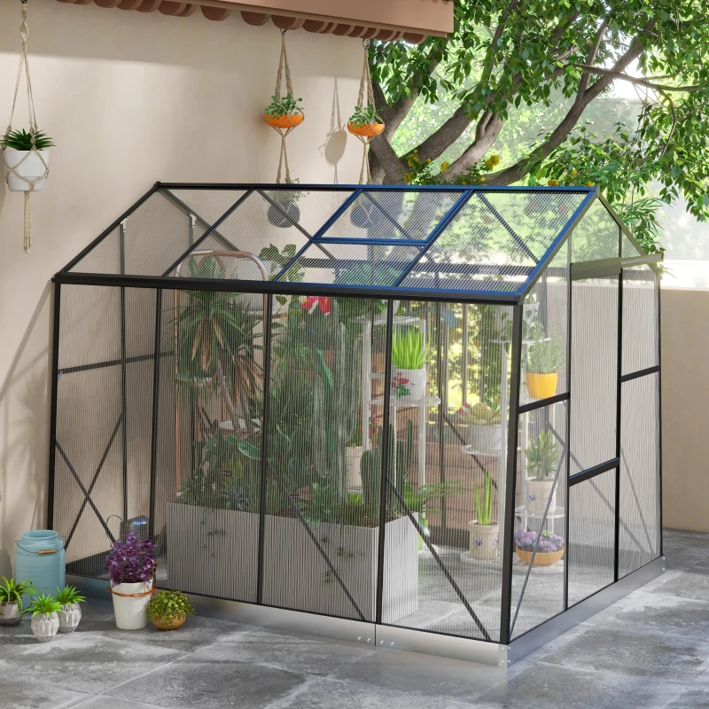 Outsunny Invernadero de Jardín 2x2,5x2 m con Ventana Regulable en 5 Niveles Puerta Corredera y Base Transparente y Negro