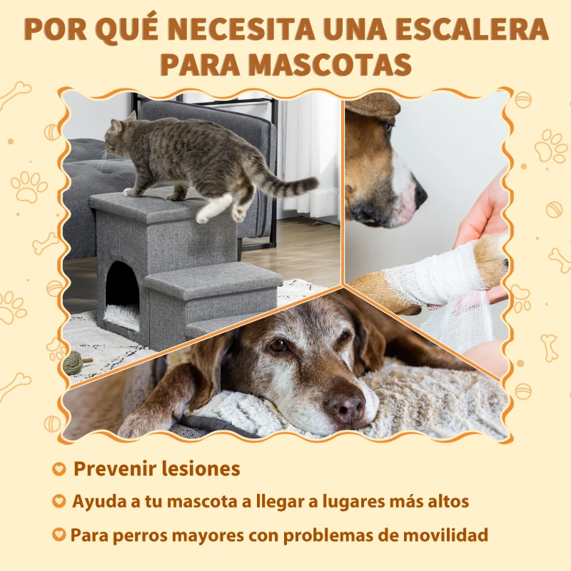 PawHut Escalera para Mascotas de 3 Peldaños 2 Cajas de Almacenaje Cueva y Cojín para Cama Sofá 73,5x33x40,5 cm Gris