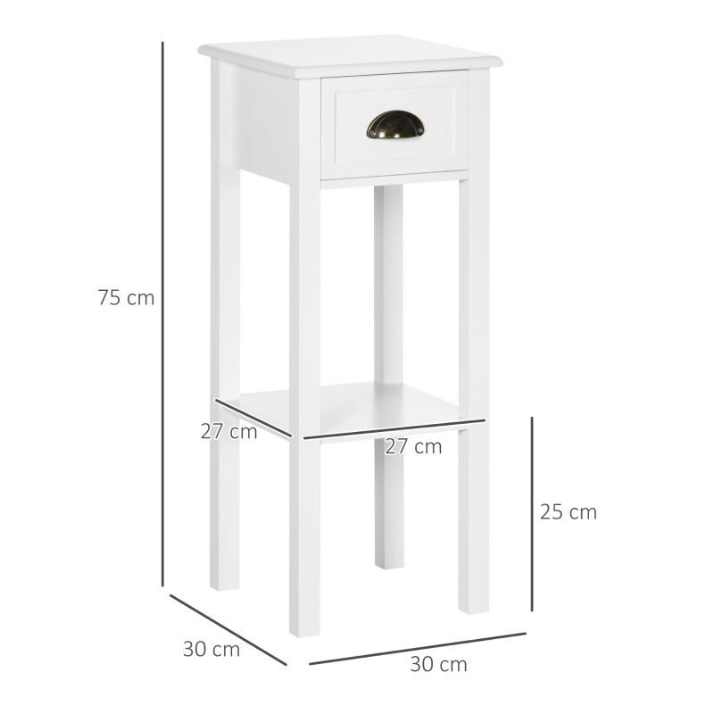 HOMCOM Mesa Auxiliar Mesita de Noche con Cajón y Estante de Almacenamiento Estilo Moderno para Salón Dormitorio 30x30x75 cm Blanco