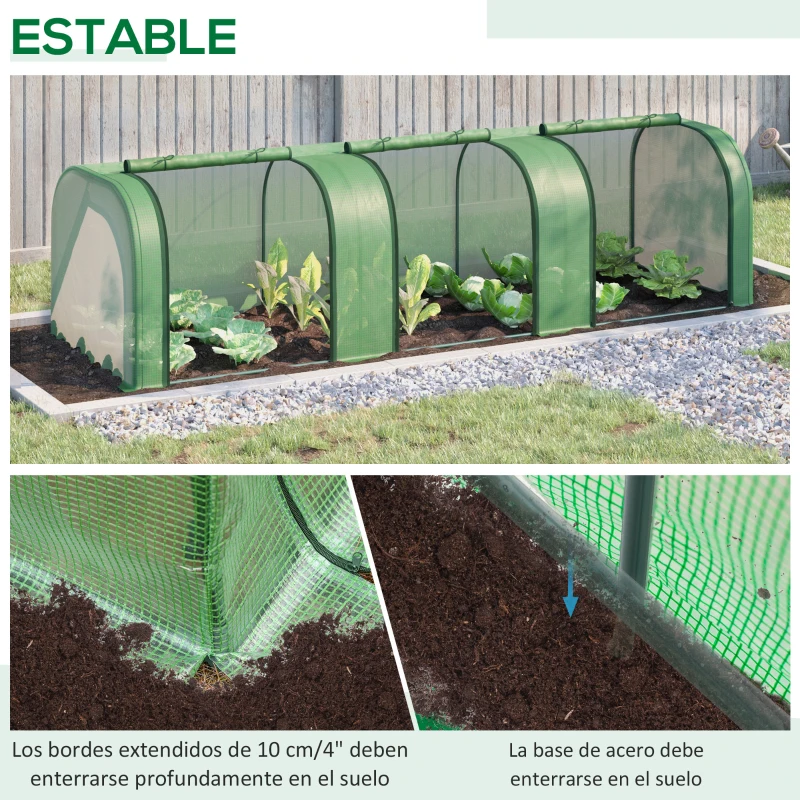 Outsunny Mini Invernadero de Jardín 295x100x80 cm para Cultivo de Plantas Tipo Túnel Marco Acero y Plástico Verde