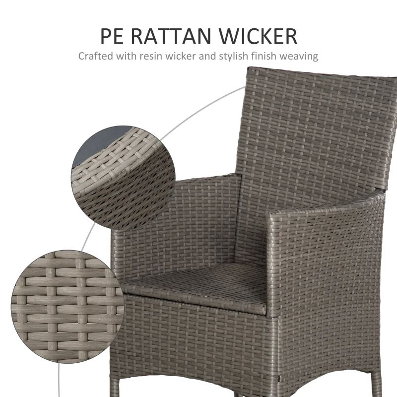 Outsunny 2 Pieces Outdoor PE Rattan Dining Chairs Set with Cushion, Garden Armchair with Armrests, High Backrest, Metal Frame Patio Wicker Furniture, Grey