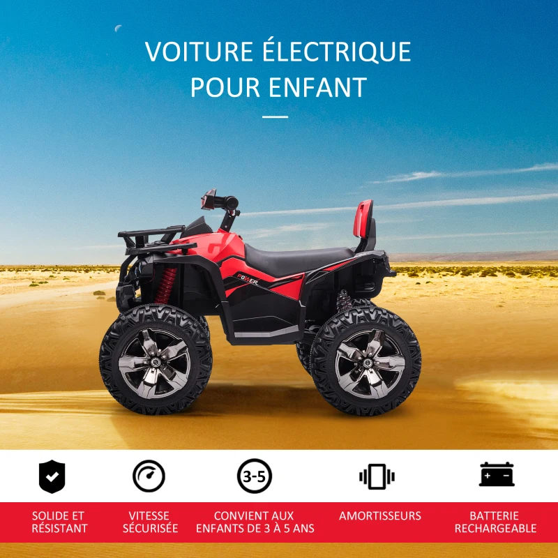HOMCOM Quad Buggy électrique Enfant 12 V 8 Km/h Max. Voiture électrique Enfant avec Effets Lumineux sonores Selle avec Dossier Porte-Bagage Avant métal PP Rouge Noir(m-4)