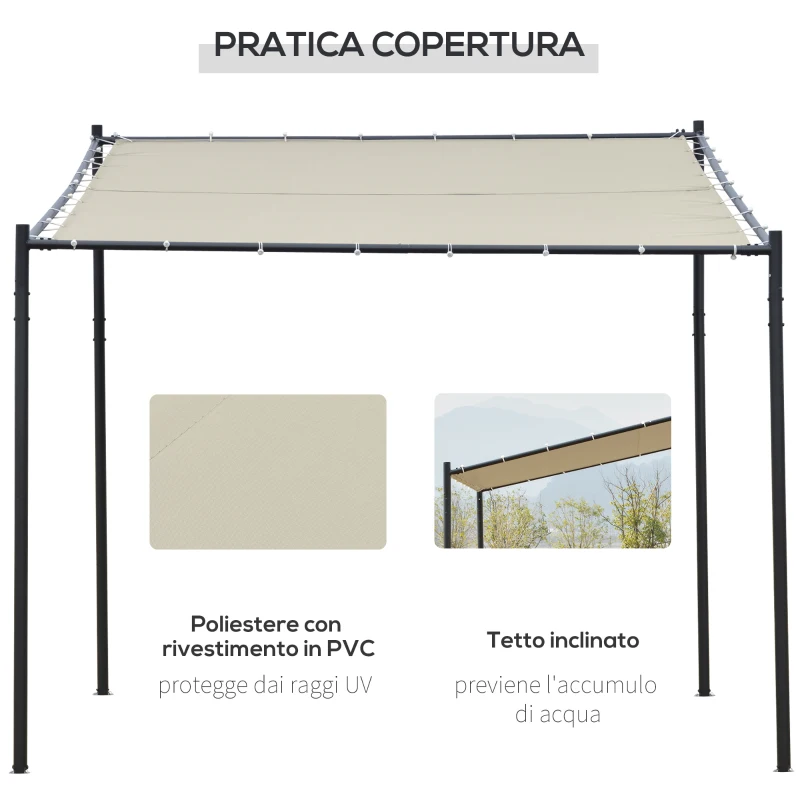 Outsunny Gazebo Pergola Addossata da Giardino 3x3m in Metallo e Poliestere Beige