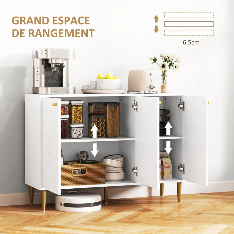 HOMCOM Buffet meuble de rangement avec 2 placard 3 portes étagères ajustables pieds dorés en acier 107 x 35 x 77 cm blanc