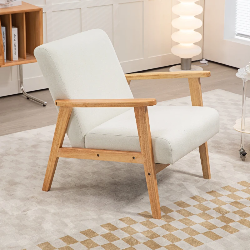 HOMCOM Fauteuil de Salon Fauteuil de Relaxation Fauteuil Simple pour Chambre Cadre en Bois hévéa Revêtement en Lin Crème