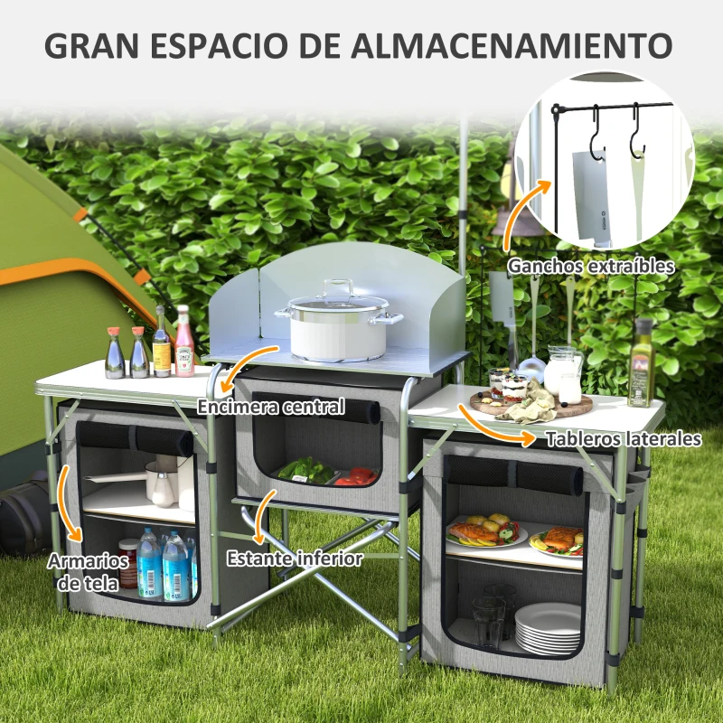 Outsunny Mueble de Cocina para Camping Plegable con 3 Mesas 4 Ganchos Poste de Luz y Bolsa de Transporte 172x48x119 cm Gris(m-4)