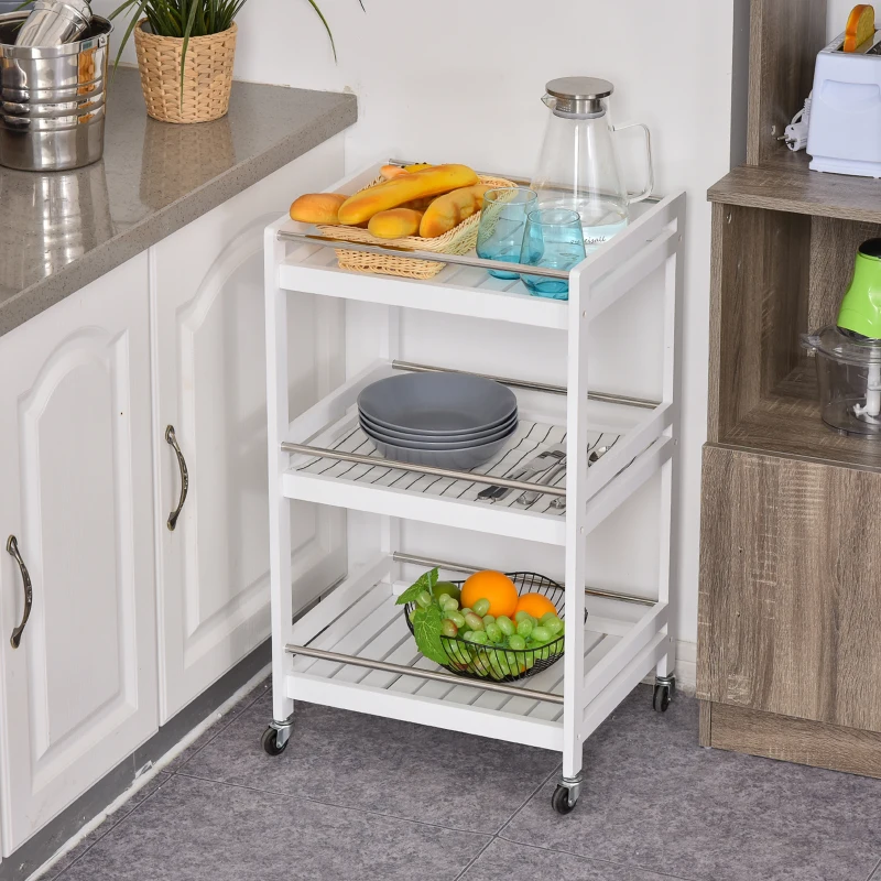 HOMCOM 3-Tier Home Trolley Kitchen Storage Cart w/ Steel Bars 4 Universal Wheels Rolling Unit Organiser Living Room White