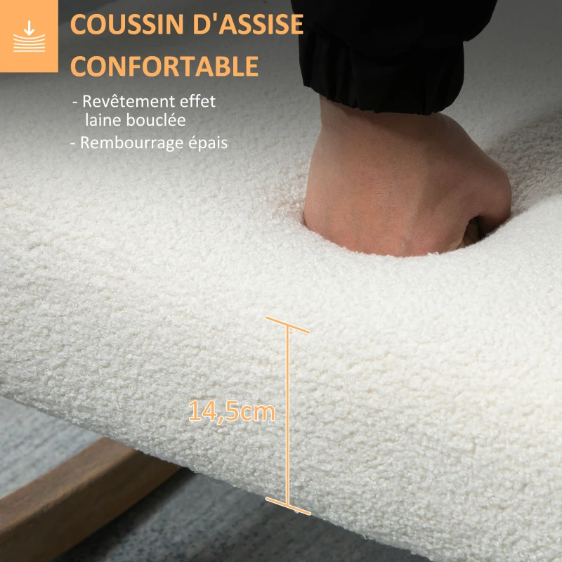 HOMCOM Fauteuil à bascule fauteuil allaitement rocking chair en tissu effet laine bouclée avec pieds en bois massif d'hévéa, chaise à bascule pour chambre, salon - 60 x 81 x 71 cm blanc crème