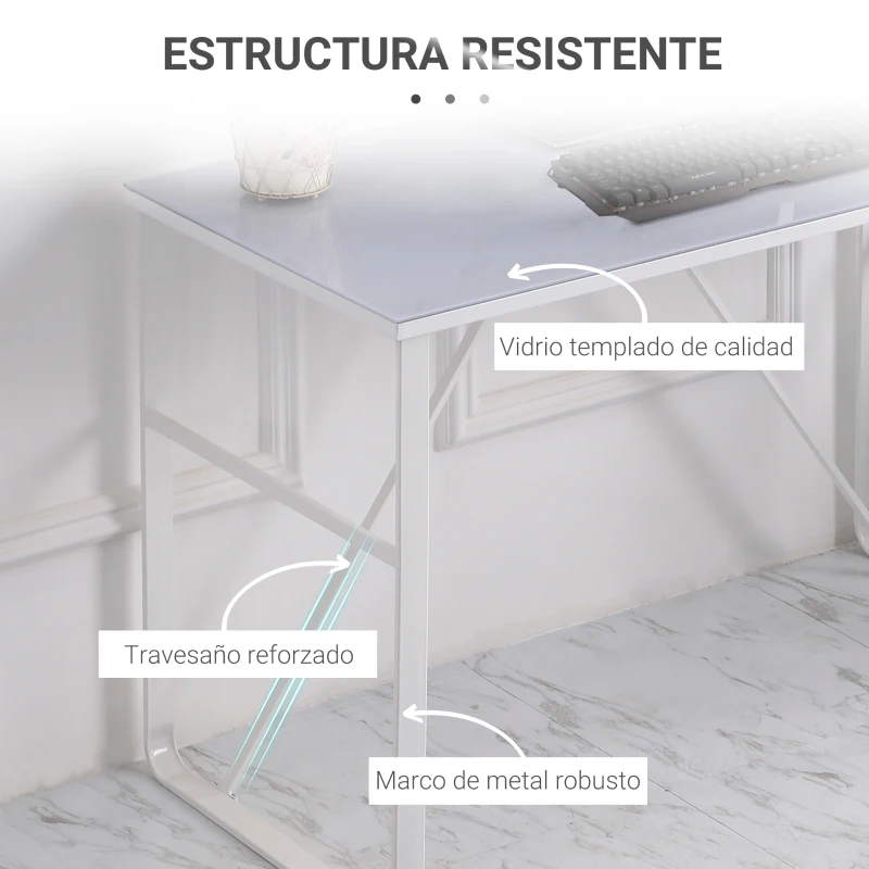 HOMCOM Escritorio Mesa de Ordenador 120x60x74,5 cm con Tablero de Vidrio Templado y Patas de Metal Carga 80 kg Estilo Moderno para Oficina Estudio Dormitorio Blanco