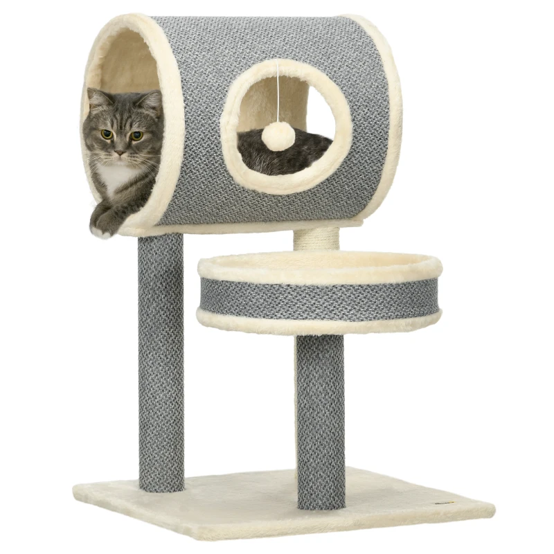 PawHut Arbre à chats avec griffoir arbre à gratter en sisal tunnel panier en peluche doux structure en bois 48L x 48l x 73H cm
