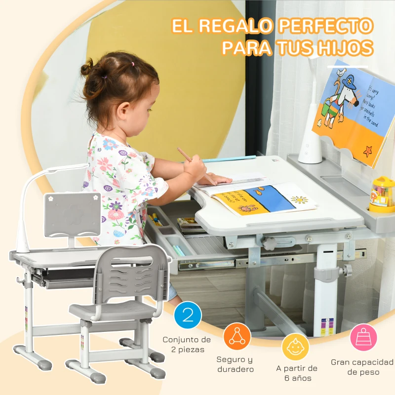 HOMCOM Juego de Escritorio y Silla para Niños de +6 Años Ajustable con Mesa Inclinable Lámpara Cajón y Estante para Libros Gris