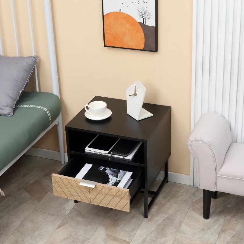 HOMCOM Table de chevet table de nuit style industriel tiroir niche piètement métal aspect bois de chêne sculpté à chevrons noir