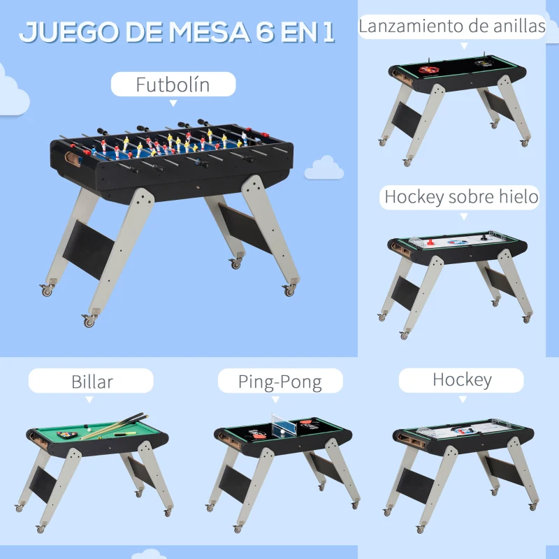 HOMCOM Mesa Multijuegos 6en1 para Niños de +7 Años con Ruedas Billar Futbolín Ping-Pong Anillas Hockey 120x88x79cm Negro