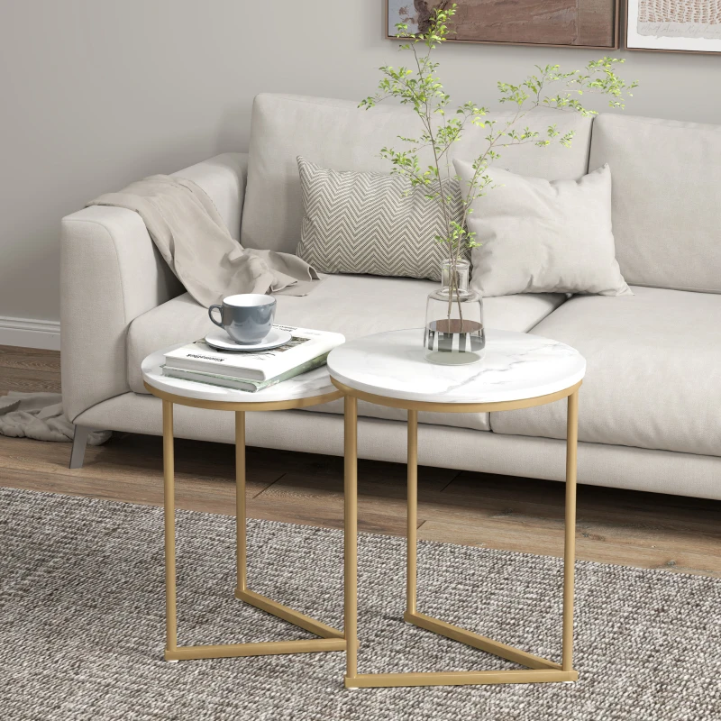 HOMCOM Set of Two Marble-Effect Nest of Tables - White/Gold-Tone