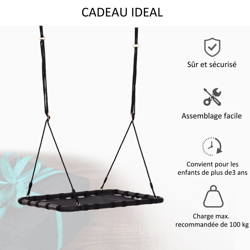 Outsunny Balançoire nid d'oiseau rectangulaire balançoire panier pour enfants adultes charge max. 100 kg dim. 100L x 76l x 4H cm 4 anneaux inclus métal époxy nylon PVC noir