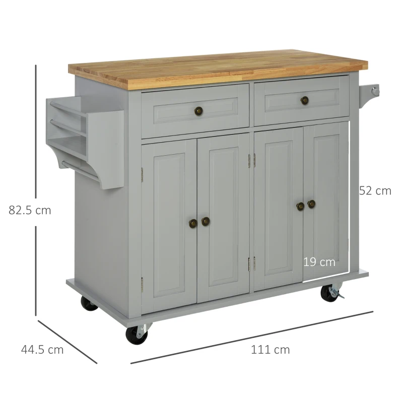 HOMCOM Rolling Kitchen Island Storage Trolley with Rubber Wood Top & Drawers for Dining Room, Grey
