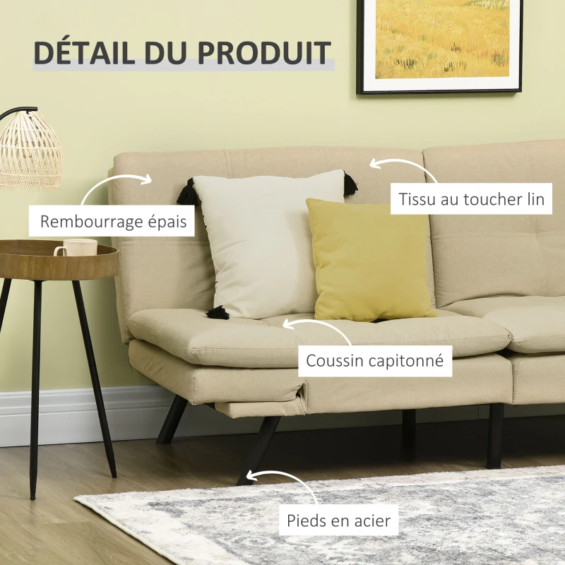 HOMCOM Canapé convertible canapé-lit 3 places, clic-clac rembourré avec accoudoirs et dossier réglables en tissu beige