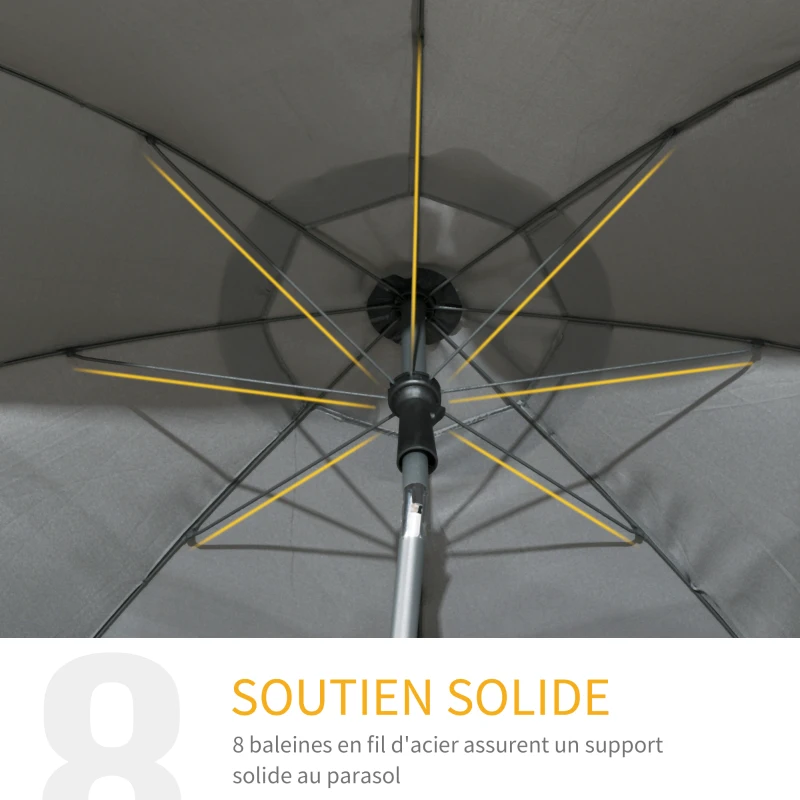 Outsunny Parasol de plage inclinable protection UV 50 + avec 8 baleines en fibre de verre  Ø 180 cm gris foncé