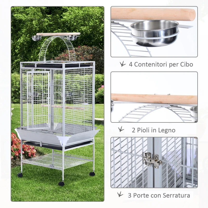 PawHut Voliera per Uccelli con Ruote Altezza 161.5cm, Vaschette in Acciaio e Trespoli in Legno, Argento