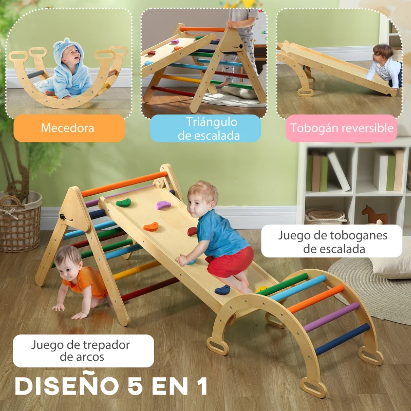 AIYAPLAY Triángulo de Escalada de Madera 5 en 1 con Rampa Escalador de Arco 178x64,5x63 cm Multicolor(m-4)