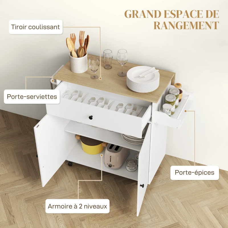 HOMCOM Desserte de cuisine sur roulettes, Îlot central cuisine - tiroir, étagère réglable, support à épices et porte-serviette