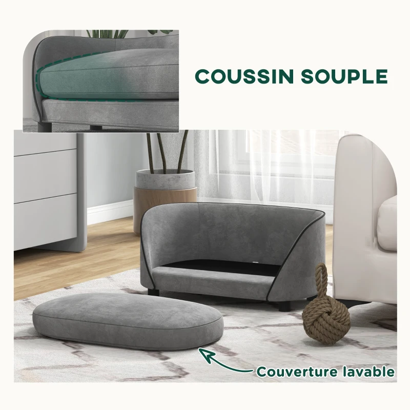 PawHut Canapé pour chien avec coussin doux housse amovible et lavable revêtement en velours néerlandais gris