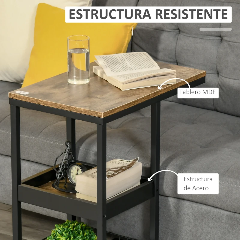 HOMCOM Mesa Auxiliar en Forma de C con Ruedas Estantes Abiertos y Marco de Acero para Salón Dormitorio 51x33x66cm Marrón Oscuro
