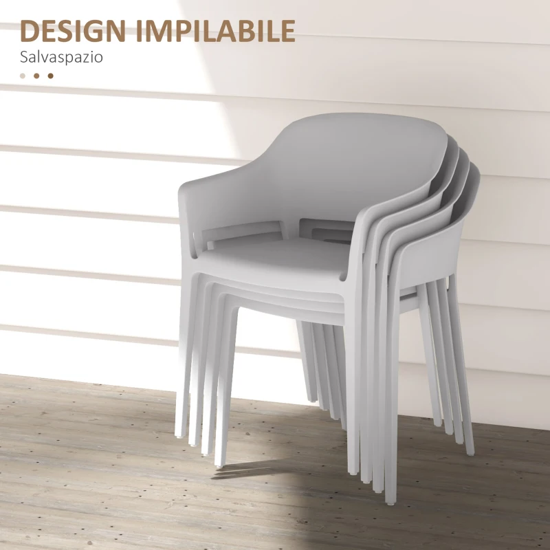 Outsunny Set 4 Sedie da Giardino in Plastica Impilabili con Braccioli e Schienale Alto in PP, Grigio