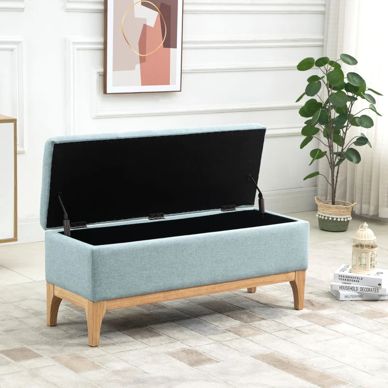 HOMCOM Banc de rangement, coffre de rangement avec couvercle amovible style scandinave, bout de lit en tissu lin, 110 x 39 x 45 cm, vert d'eau(m-9)
