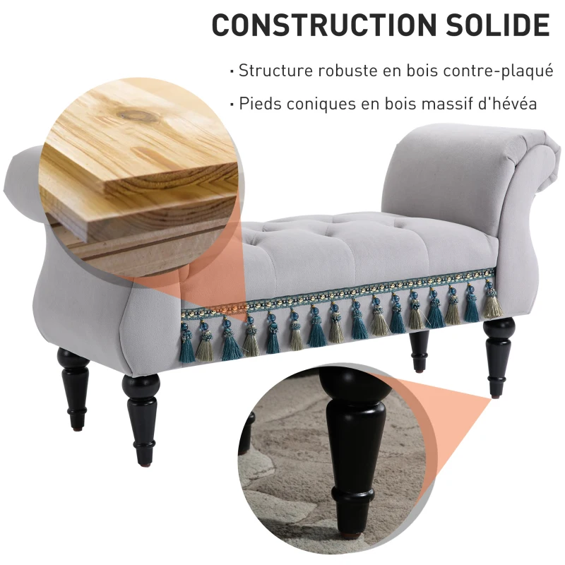 HOMCOM Banc Banquette capitonnée Velours Bout de lit avec accoudoirs Pieds Bois hévéa Gris 40P x 117l x 58H cm
