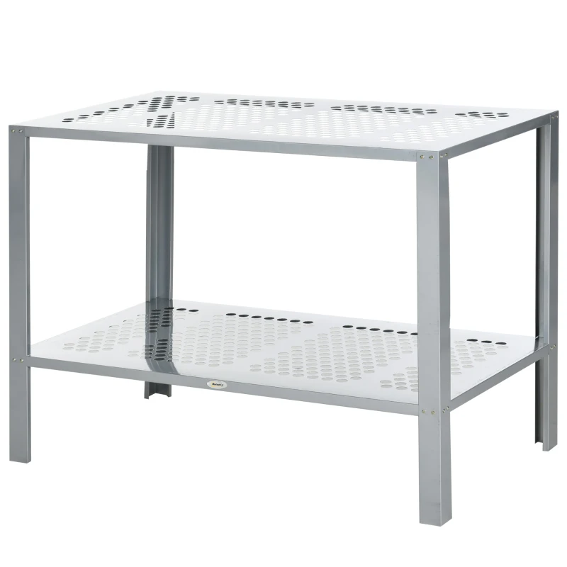 Outsunny 2-Tier Plant Stand, Corner Plant Shelf for Outdoor and Indoor Storage Organizer, Freestanding Flower Rack with Steel Frame, Mesh Board, Silver