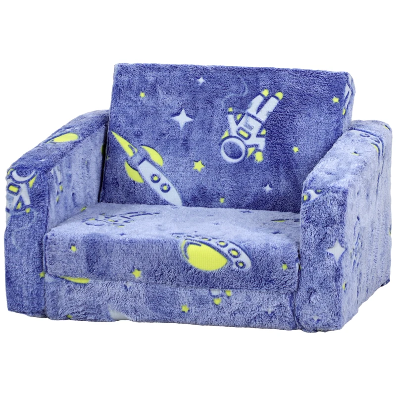 AIYAPLAY 2 in 1 Kids Kids Folding Bed Armchair with Glow in The Dark Cosmic Design, Washable Cushion and Cover, Blue
