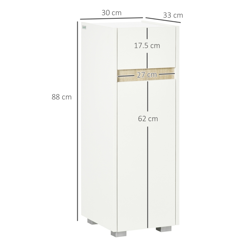 kleankin Mobiletto Bagno con Cassetto e Armadietto con Mensola Regolabile in Legno 30x33x88cm, Bianco