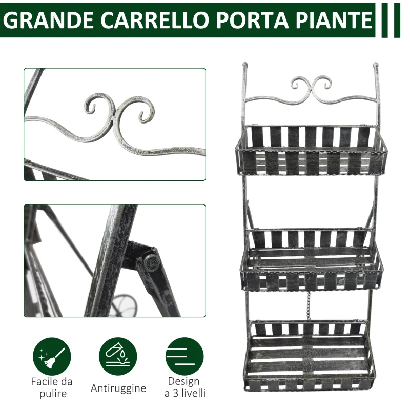 Outsunny Fioriera da Balcone a 3 Ripiani con 2 Ruote, Porta Piante per Giardino in Metallo 53x39x78cm Nero