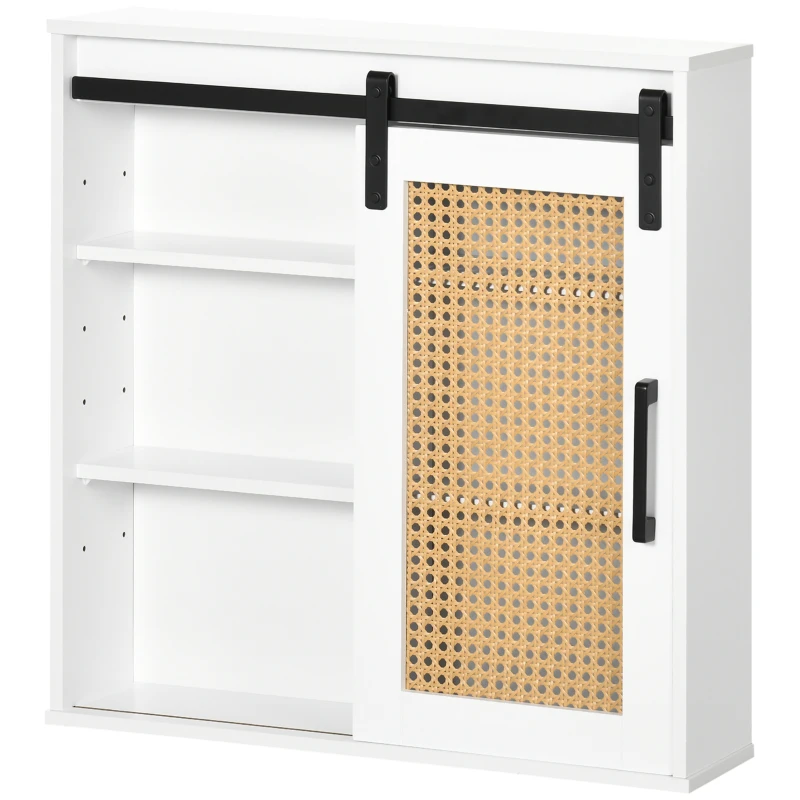 kleankin Meuble de rangement salle de bain porte coulissante à galandage façade aspect cannage PP 4 étagères réglables