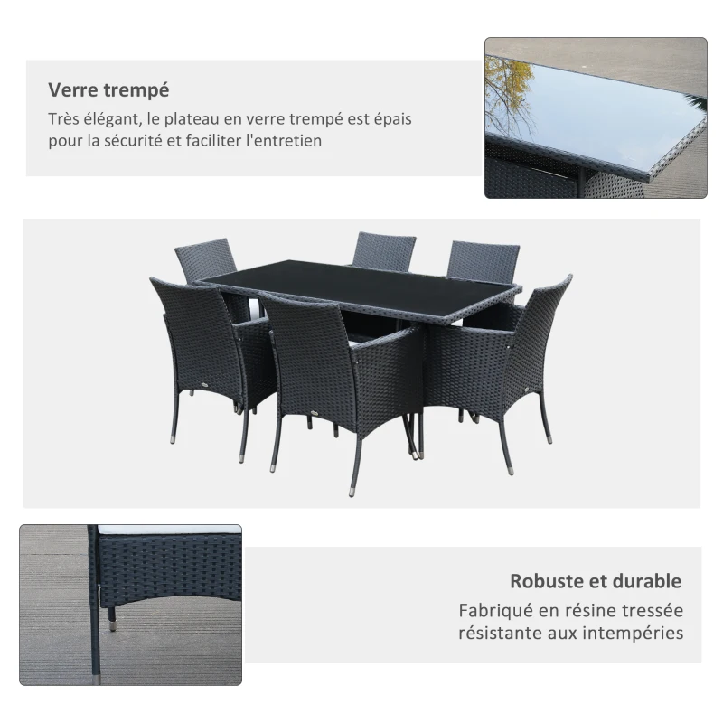 Outsunny Ensemble Salon de Jardin 6 Personnes - Grande Table rectangulaire, 6 fauteuils - 6 Coussins d'assise déhoussables Inclus - métal époxy Verre trempé 5 mm résine tressée Noire