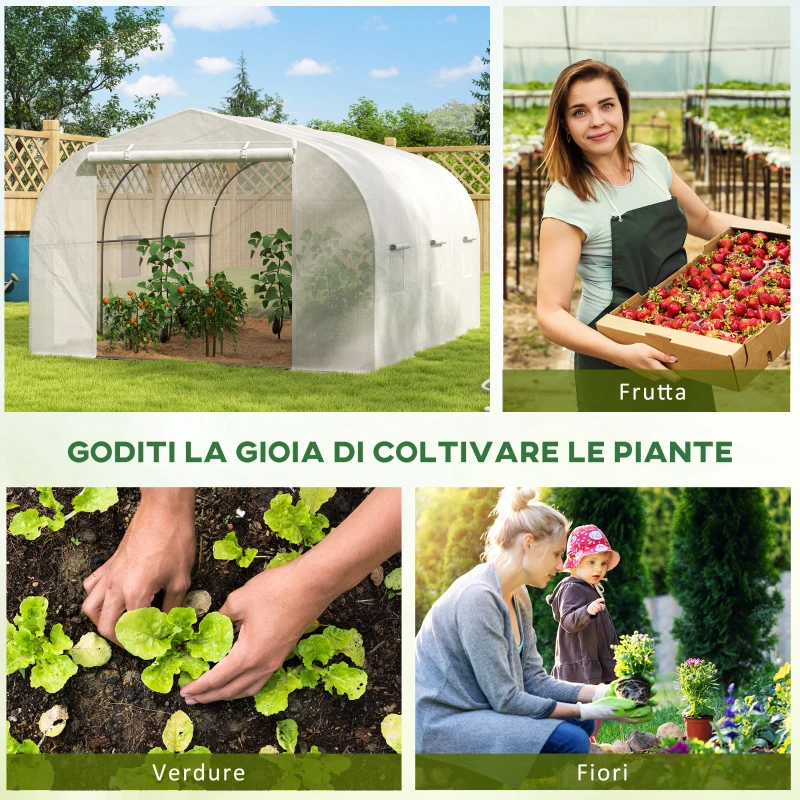 Outsunny Serra a Tunnel per Giardino con 6 Finestre e Porta a Rullo, in Acciaio e PE, 3.5x3x2 m, Bianco