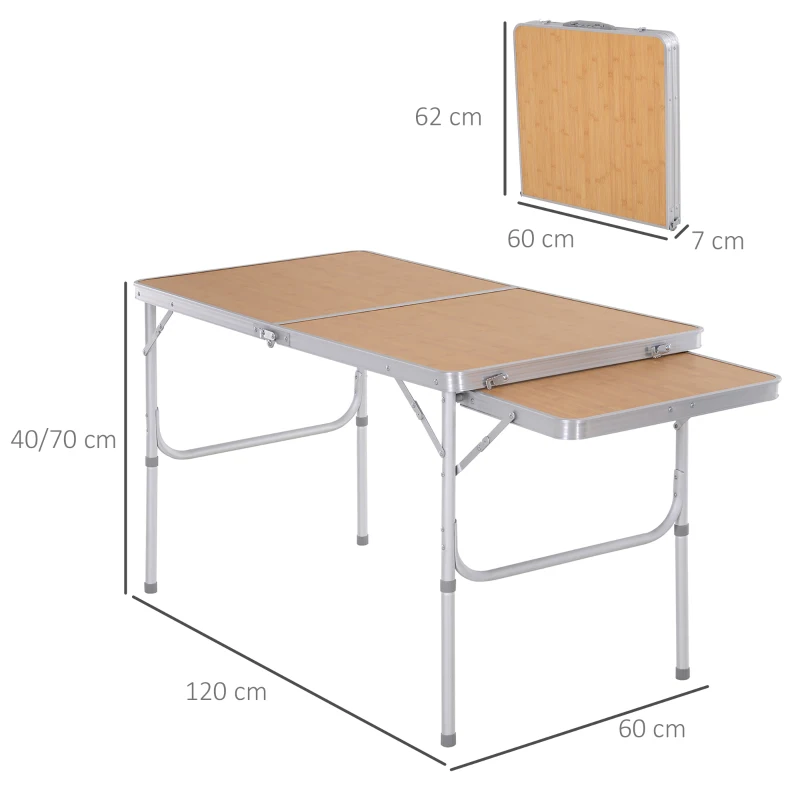 Outsunny Tavolo Pieghevole da Campeggio 5Kg, Facile da Trasportare, con Pannello Estraibile 120cm x 60cm x 40/70cm