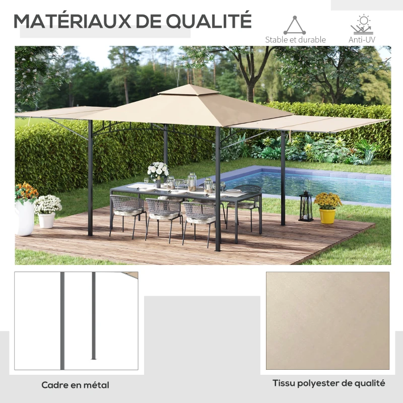 Outsunny Tonnelle pavillon de jardin 3x3m auvent pliable double toit pour ventilation auvents réglables structure en métal tissu polyester 3L x 3l x 2,7H m beige