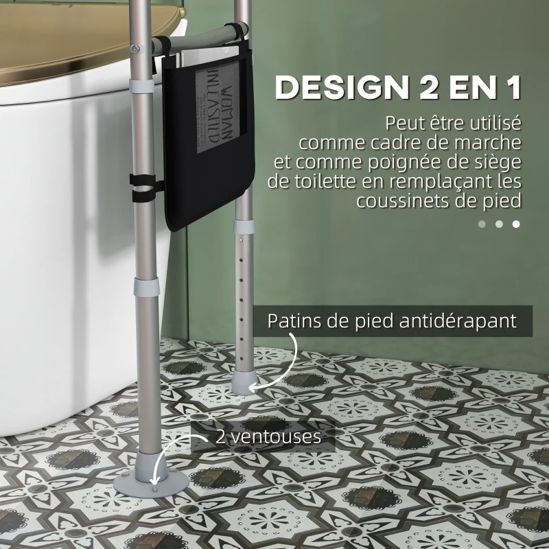 HOMCOM Cadre de toilettes accoudoirs largeur et hauteur réglables support de maintien avec pochette rangement gris