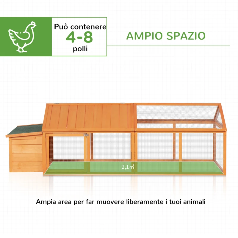 PawHut Pollaio da Giardino per 4-8 Galline in Legno con Rete Metallica e Tetto Apribile, 240x112.5x76 cm, Arancione