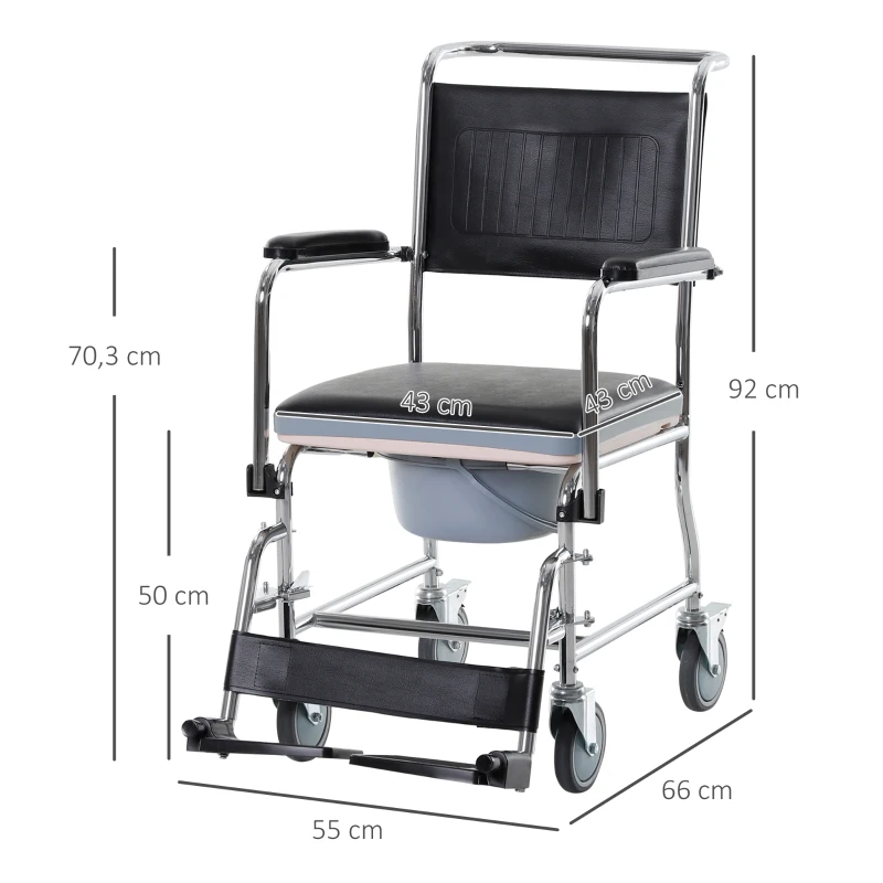 HOMCOM Chaise percée à roulettes - fauteuil roulant percé - coussin amovible, accoudoirs rembourrés,  repose-pied rabattable métal revêtement synthétique noir