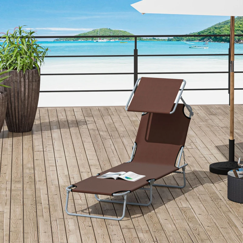 Outsunny Transat Bain de Soleil Pliable Chaise Longue Pliante Grand Confort Dossier Inclinable Multi-positions et Pare-Soleil réglable Dim. 187L x 58l x 36H cm chocolat