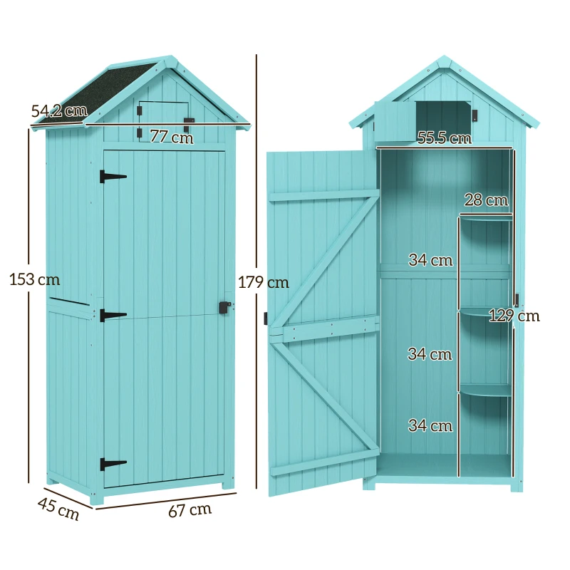 Outsunny Small Shed, Tall Slim Wooden Garden Shed with 3 Removable Shelves and Roof Hatch, Compact Outdoor Tool Storage Cabinet with Asphalt Roof and Door Latch, 77 x 54.2 x 179 cm, Blue