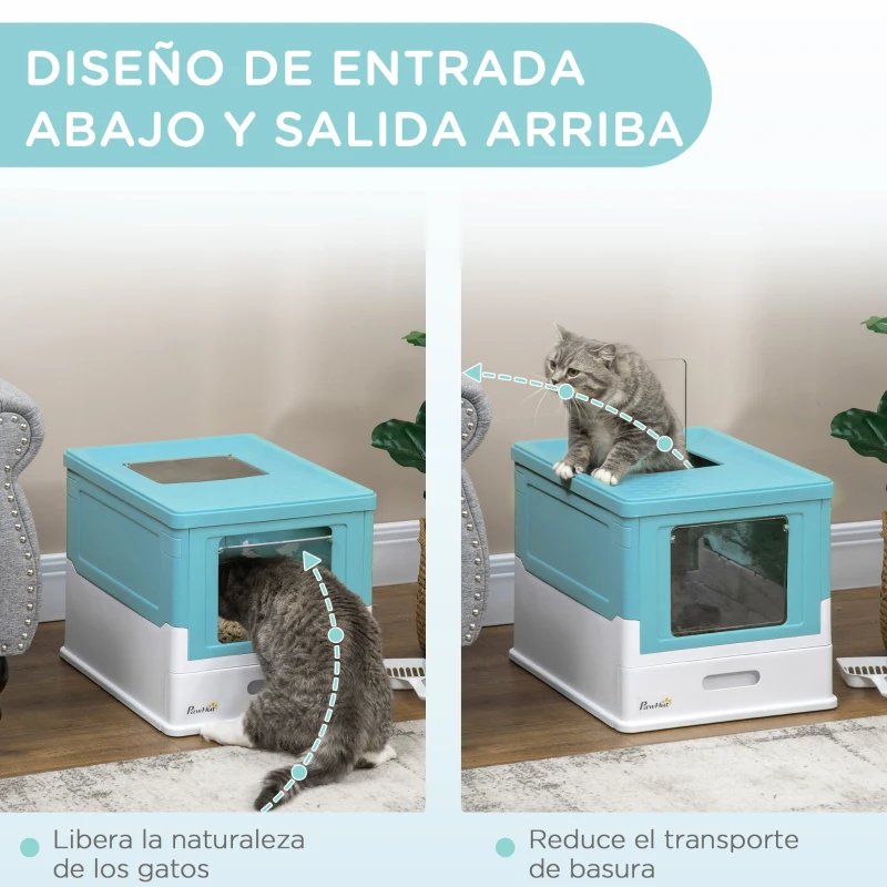PawHut Arenero Cubierto para Gatos Arenero Cerrado y Plegable para Gatos con Bandeja Extraíble y Pala 47,5x35,5x36,7 cm Azul