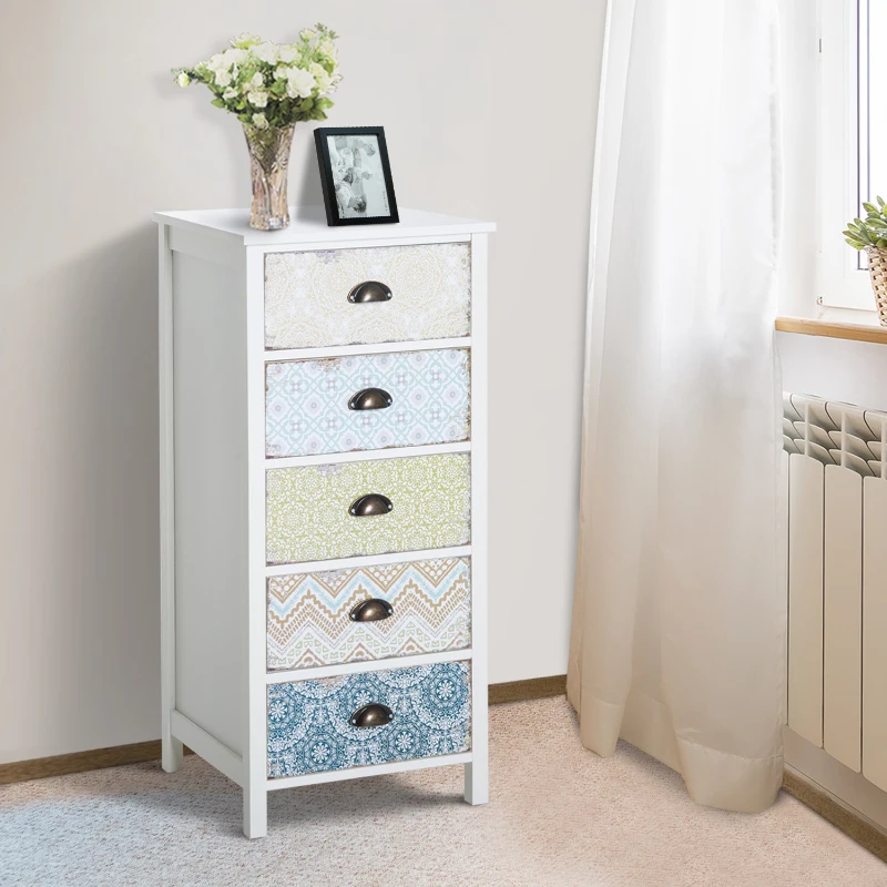 HOMCOM Chiffonnier style néo-rétro graphique 5 tiroirs blanc